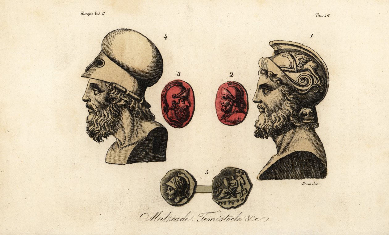 Az athéni politikusok mellszobrai és drágakövei Miltiades ifjabb 1,2, Themisztoklész 3,4 és I. Pyrrhus király 5 alkotó: Giovanni Antonio Sasso