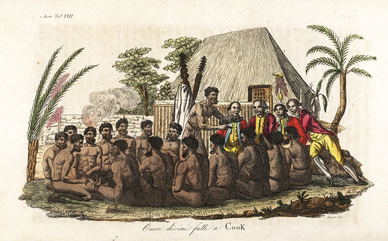 A hawaii bennszülöttek áldozati malacot ajánlanak fel James Cook kapitánynak 12 pap előtt és egy fából készült bálványt a szent Orono házban. Kézi színű rézkarc, amelyet Sasso metszett John Webber nyomán Giulio Ferrario Az összes nép ősi és modern viselete alkotó: Giovanni Antonio Sasso