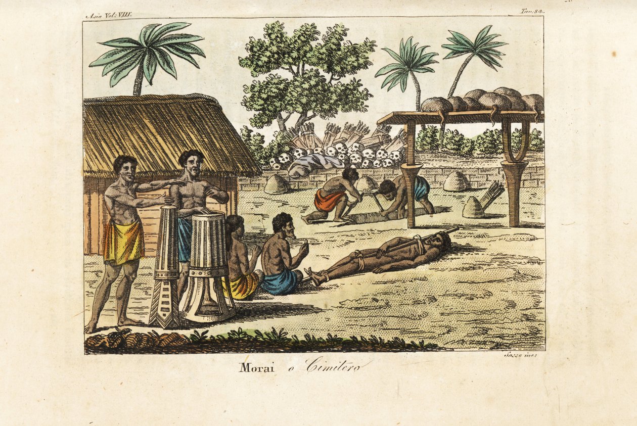 Emberáldozat egy szent marae (morai) vagy temetőben, Tahitiban. Dobosok balra, egy disznóba kötött áldozat és két sírásó, akik sírt ásnak egy halom emberi koponya és nyílvessző előtt. Kézi színű rézkarc, amelyet Sasso vésett John Webber nyomán alkotó: Giovanni Antonio Sasso