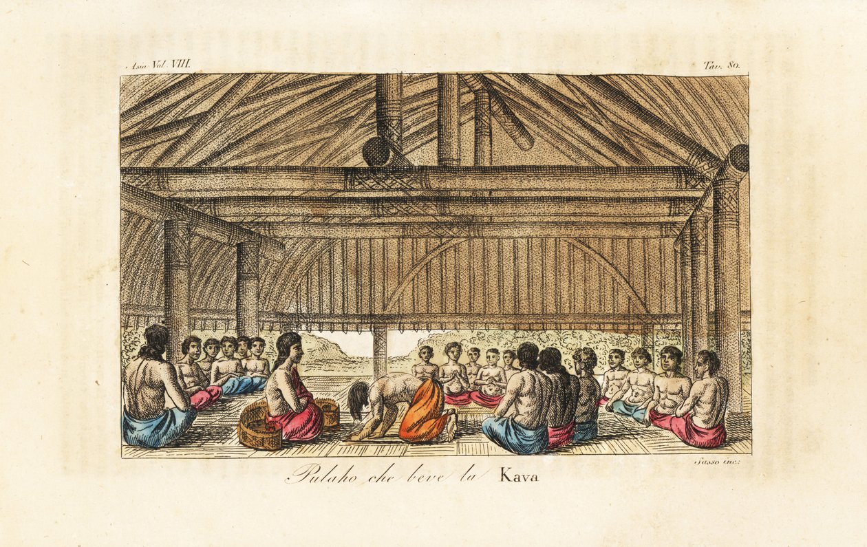 Polaho király kavát iszik egy longhouse-ban, Tongában (Barátságos szigetek). Kézi színű rézkarc, amelyet Sasso metszett John Webber nyomán Giulio Ferrario A világ összes népének ősi és modern viseletei című művéből, Firenze, Olaszország alkotó: Giovanni Antonio Sasso