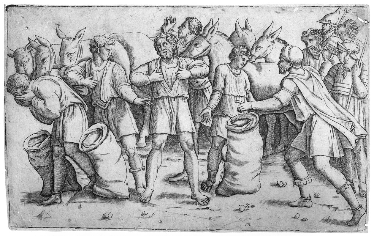 Benjámin zsákjában talált József csészéje József bibliai történetéből Genesis 44..., kb. 1520-25. alkotó: Giovanni Antonio da Brescia