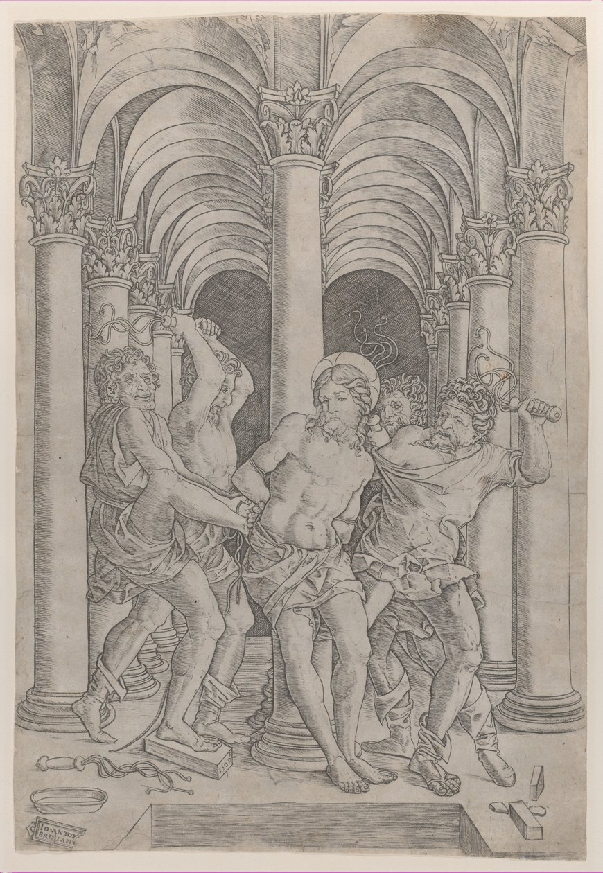 Krisztus megkorbácsolása, aki középen egy oszlophoz van kötve, egy árkádon belül, 1509., 1509. alkotó: Giovanni Antonio da Brescia