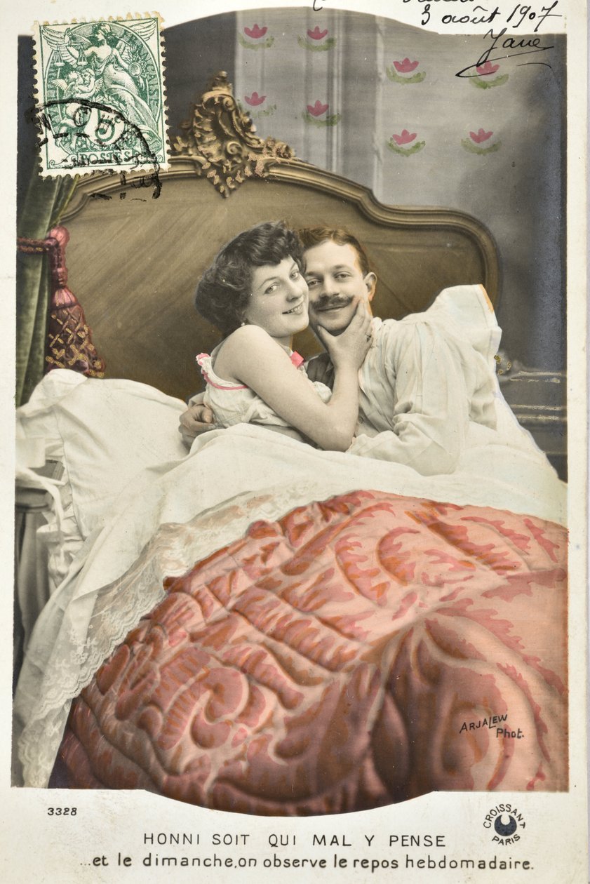 Képeslap: Szégyellje magát, aki rosszul gondolja/Vasárnapi pihenő hetilap - 1907-es dátum alkotó: Phillipe de Marlier