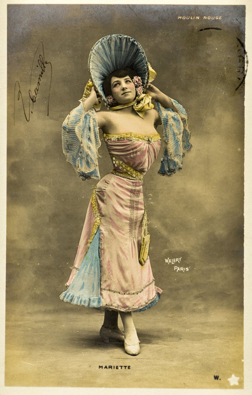 Képeslap: Moulin Rouge – Mariette, zeneterem művészének portréja alkotó: Phillipe de Marlier