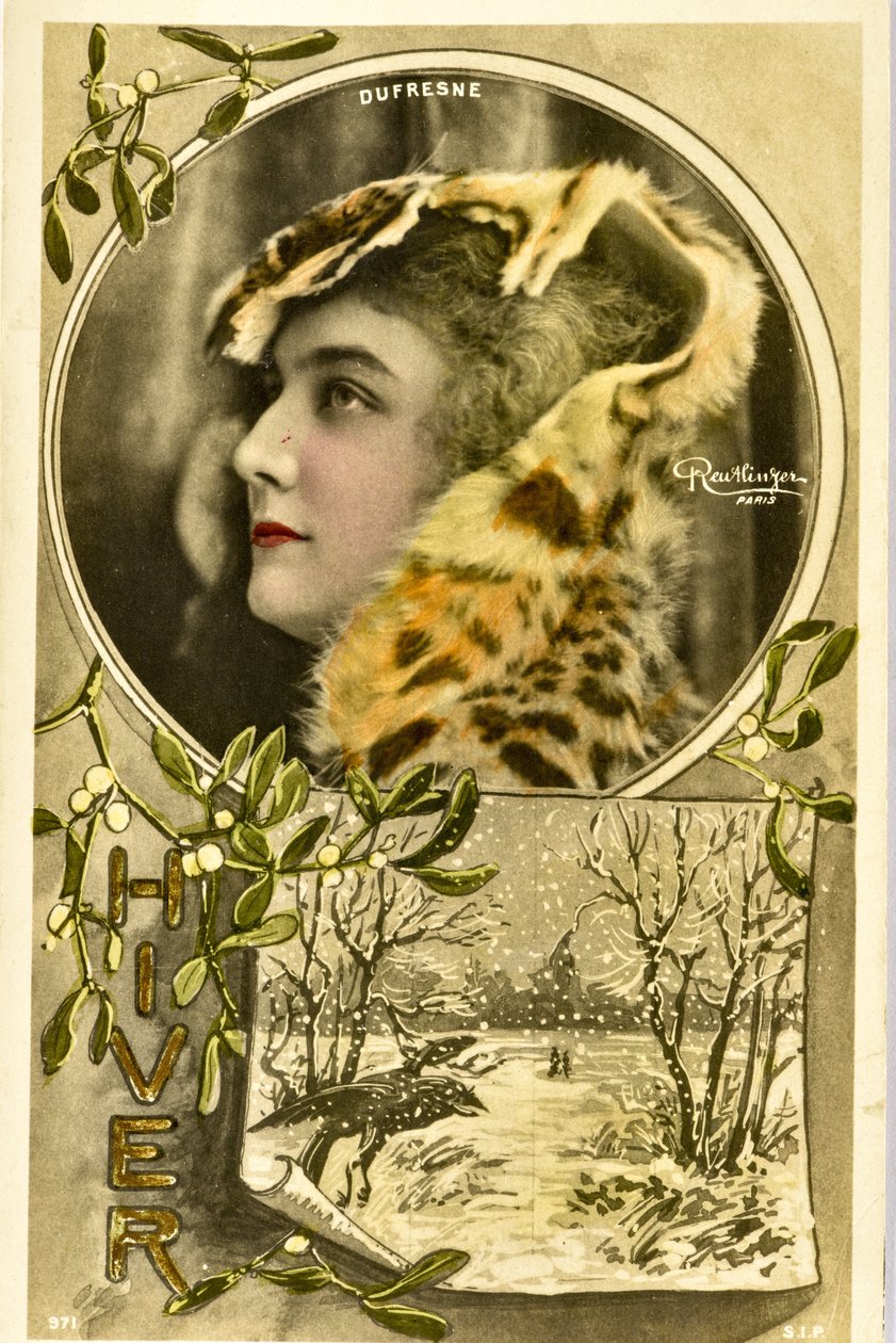 Képeslap: Mademoiselle Dufresne, Zeneterem művészének portréja alkotó: Phillipe de Marlier