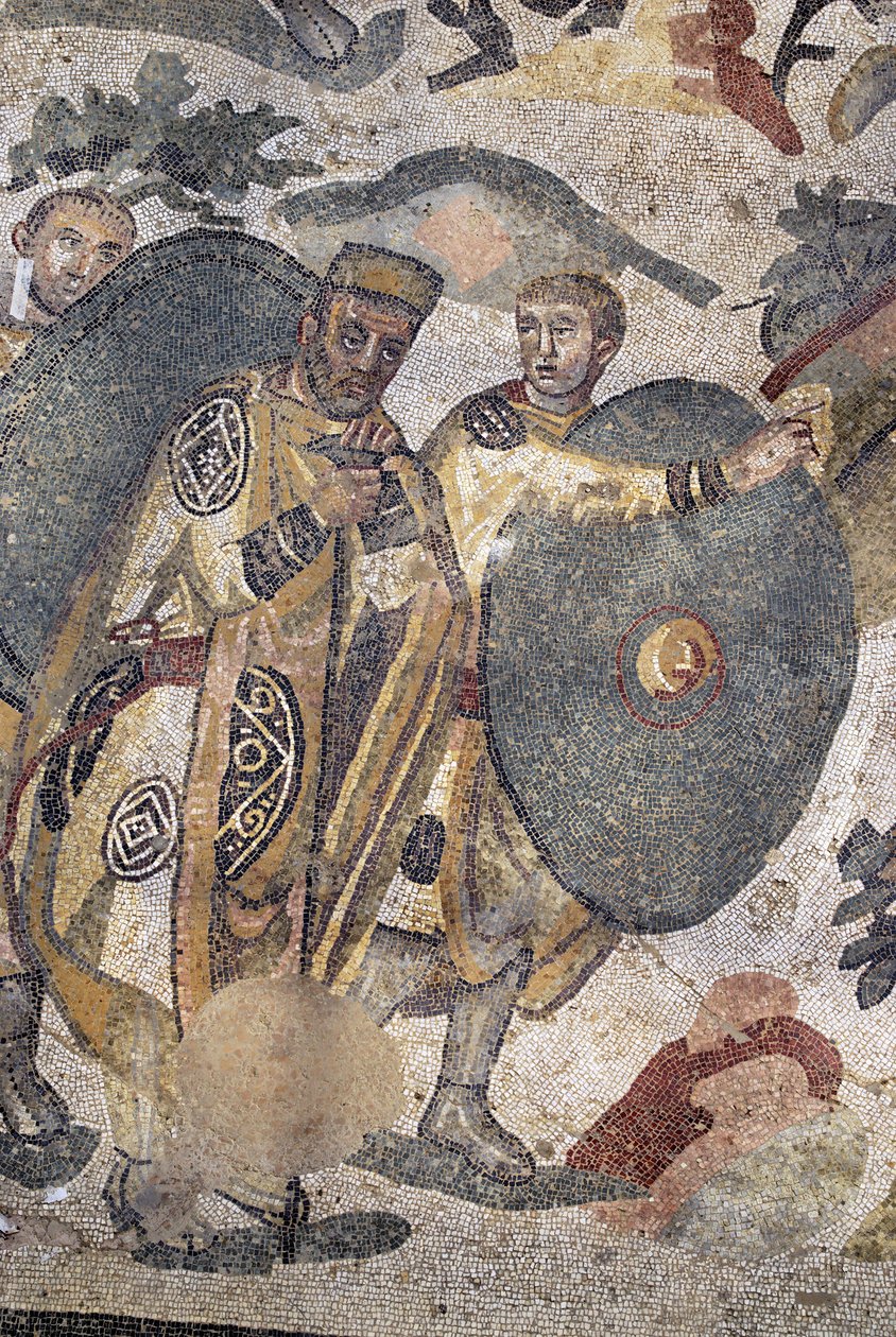 Római művészet: „A nagy vadászrész” mozaik részlete. Egy úr vadászat közben. Kr.u. 315-350. Piazza Armerina, Villa Romana del Casale. Szicília, Olaszország. alkotó: Phillipe de Marlier