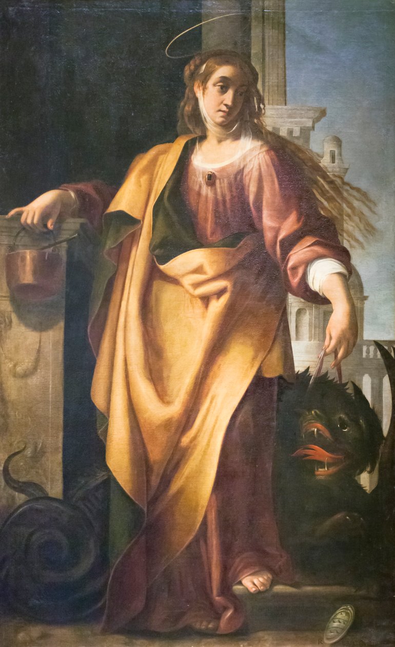 Szent Márta és a megszelídített sárkány (olaj a panelen) alkotó: Giovanni Baglione