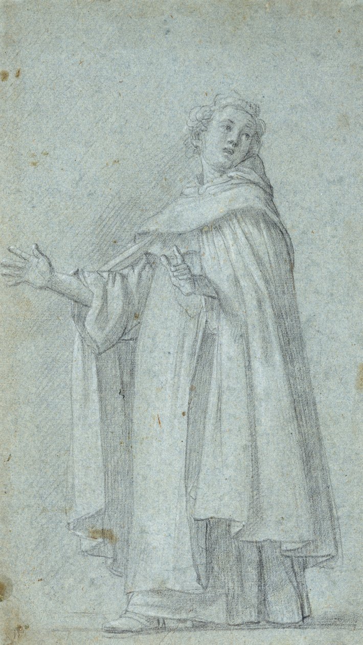 Tanulmány egy álló dominikánusról, c. 1595 (fekete kréta, fehérrel kiemelve, kék fektetett papíron) alkotó: Giovanni Baglione