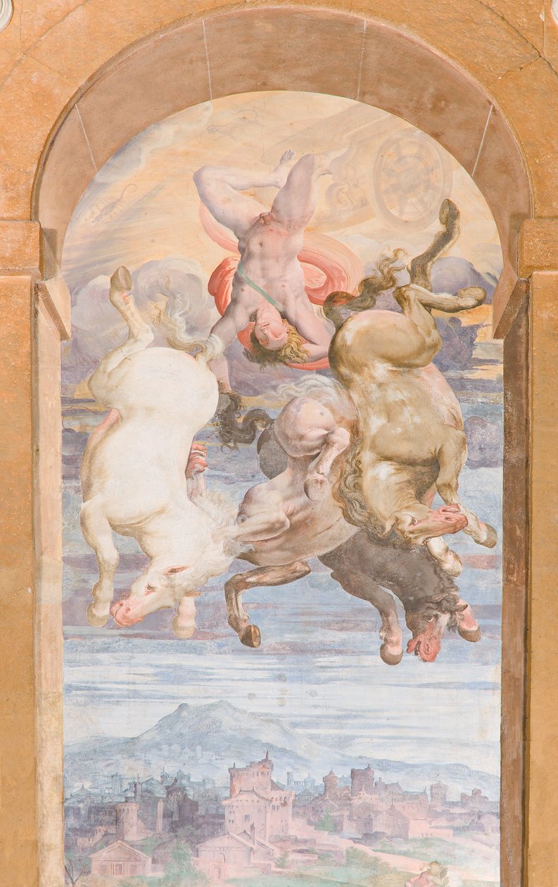 A Napszekere, amelyet Apollo hajt a Föld felé merülve, Apollo Loggia keleti fala, 1560 körül (freskó) alkotó: Giovanni Battista and Cambiaso Luca Castello
