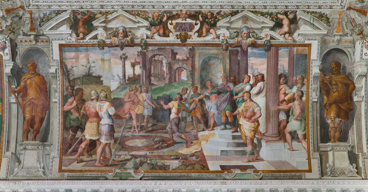 Ulysses történetei: részlet a kődobálós játékból a phaeaciai udvarban, 1560 körül (freskó) (3606285 részlet) alkotó: Giovanni Battista Castello