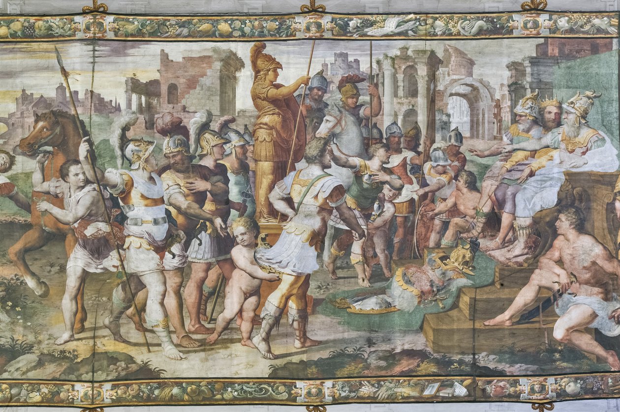 Ulysses és Ajax versengenek Akhilleusz páncéljáért a bíróság előtt, Ulysses Hall, 2384556 részlet (freskó) alkotó: Giovanni Battista Castello