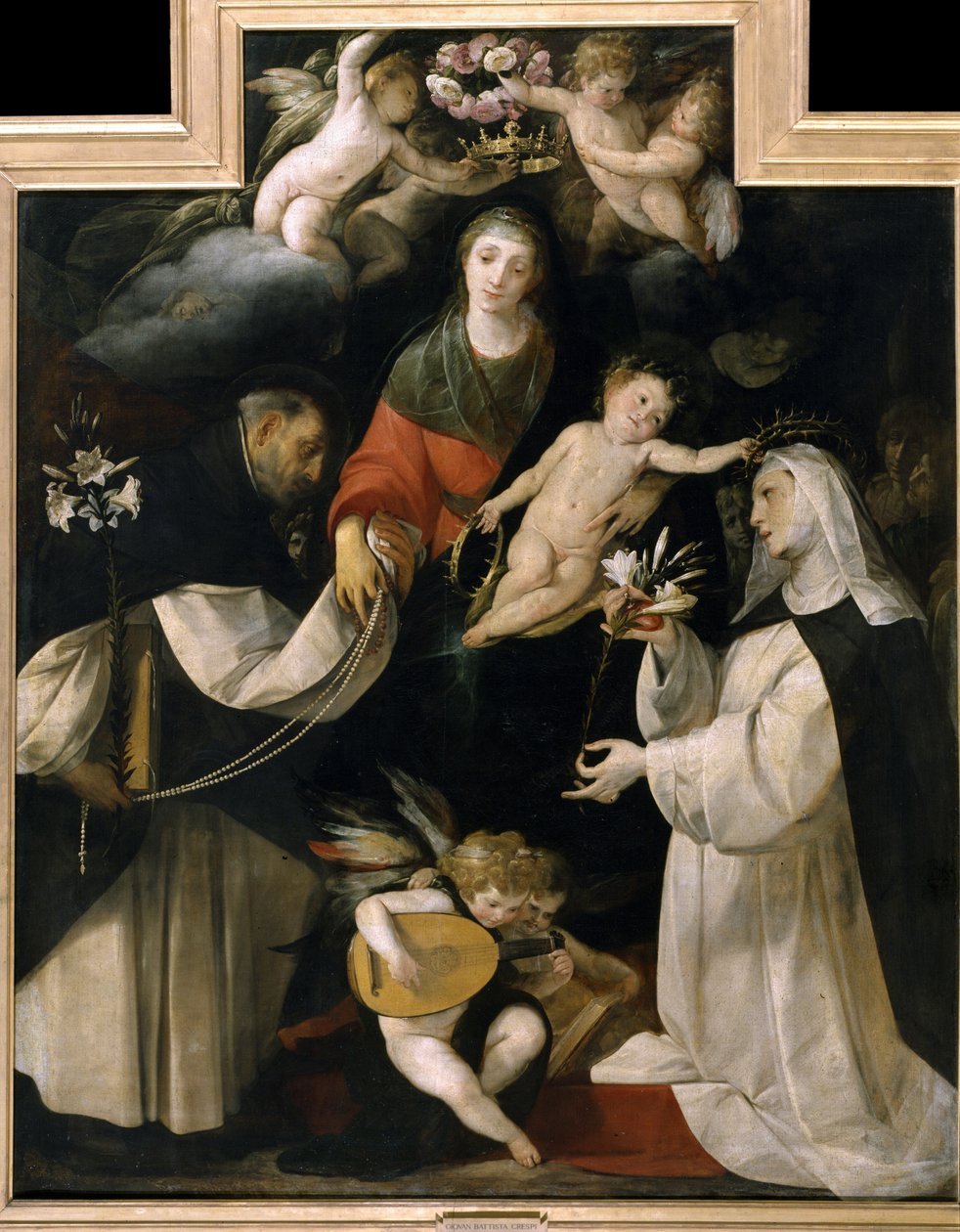 A Rózsafüzér Madonnája (Madonna del Rosario). A Szűzanya fejére rózsakoszorút helyeznek, miközben két szent fehér liliomot, rózsafüzért és a hitet jelképező szívet nyújt át neki. Giovan (Giovanni) Battista Crespi festménye, Il Cerano néven ismert (15 körül alkotó: Giovanni Battista (1567 1633) Crespi