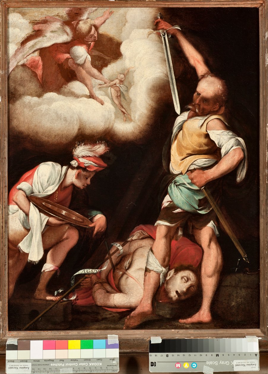 Keresztelő Szent János dekoltációja Egy férfi felveszi a szent fejét és egy fennsíkra teszi (Keresztelő Szent János lefejezése) Il Cerano (Giovan Battista Crespi) festménye (1567/8-1632), Genes, Musei di Strada Nuova (sz. PB 2812) alkotó: Giovanni Battista  Crespi