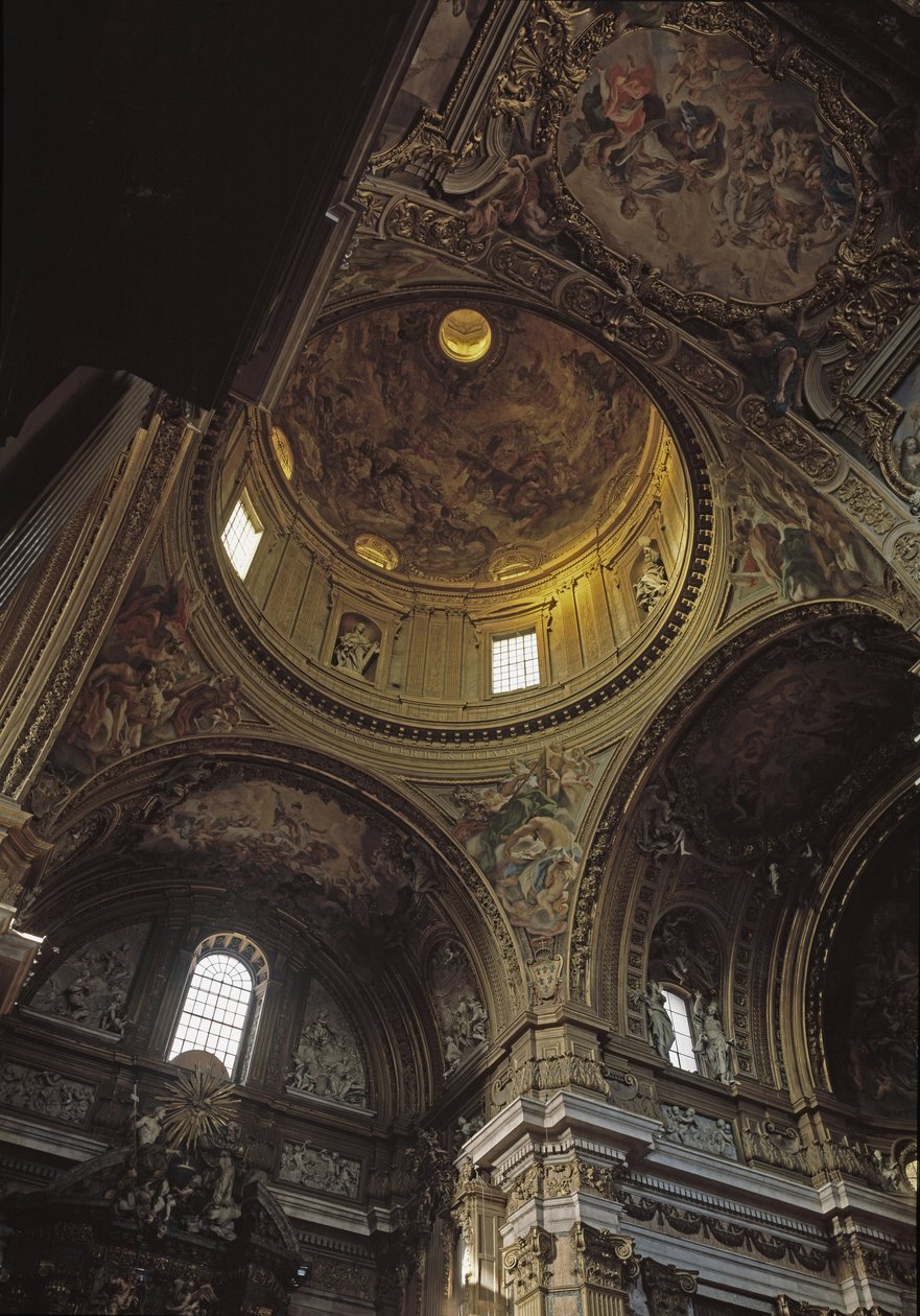 Kilátás a Baciccia kupolájára és freskójára, Gesu templom Rómában, 1568 körül (A Chiesa del Gesu belső képe kupolával és Baciccia freskóival, Róma, Olaszország) alkotó: Giovanni Battista  Gaulli