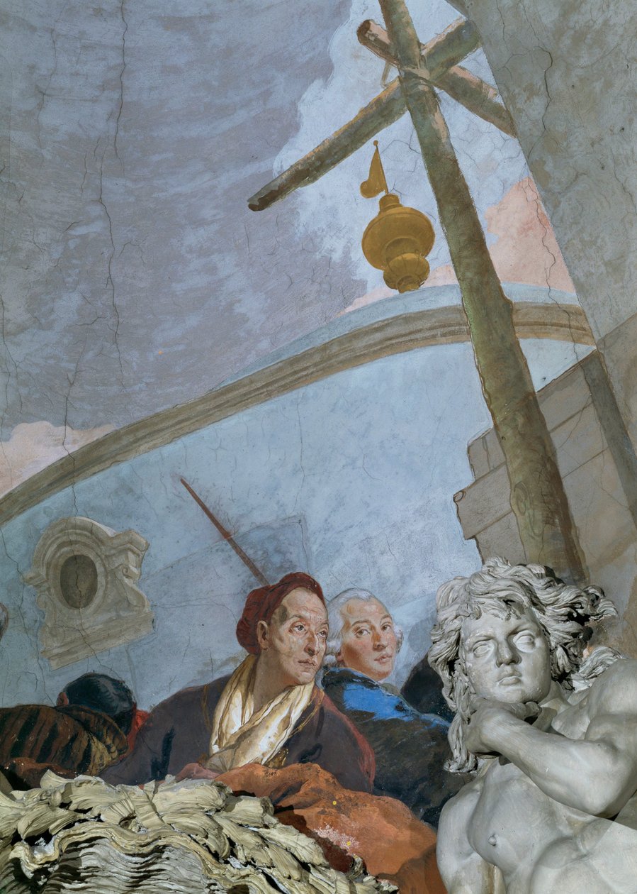 Az önarckép egy kimerült, sokat öregedett Tiepolót ábrázol, aki a sarok kartusza fölé hajol... (freskó) alkotó: Giovanni Battista (1696 1770) Tiepolo