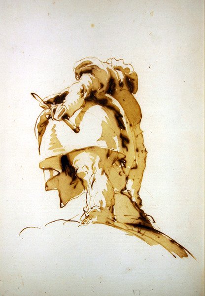 Álló férfi hátulról nézve, kezében gumibot és egy zsákért nyúl (toll és barna tinta, barna mosással, papírra festve) alkotó: Giovanni Battista Tiepolo