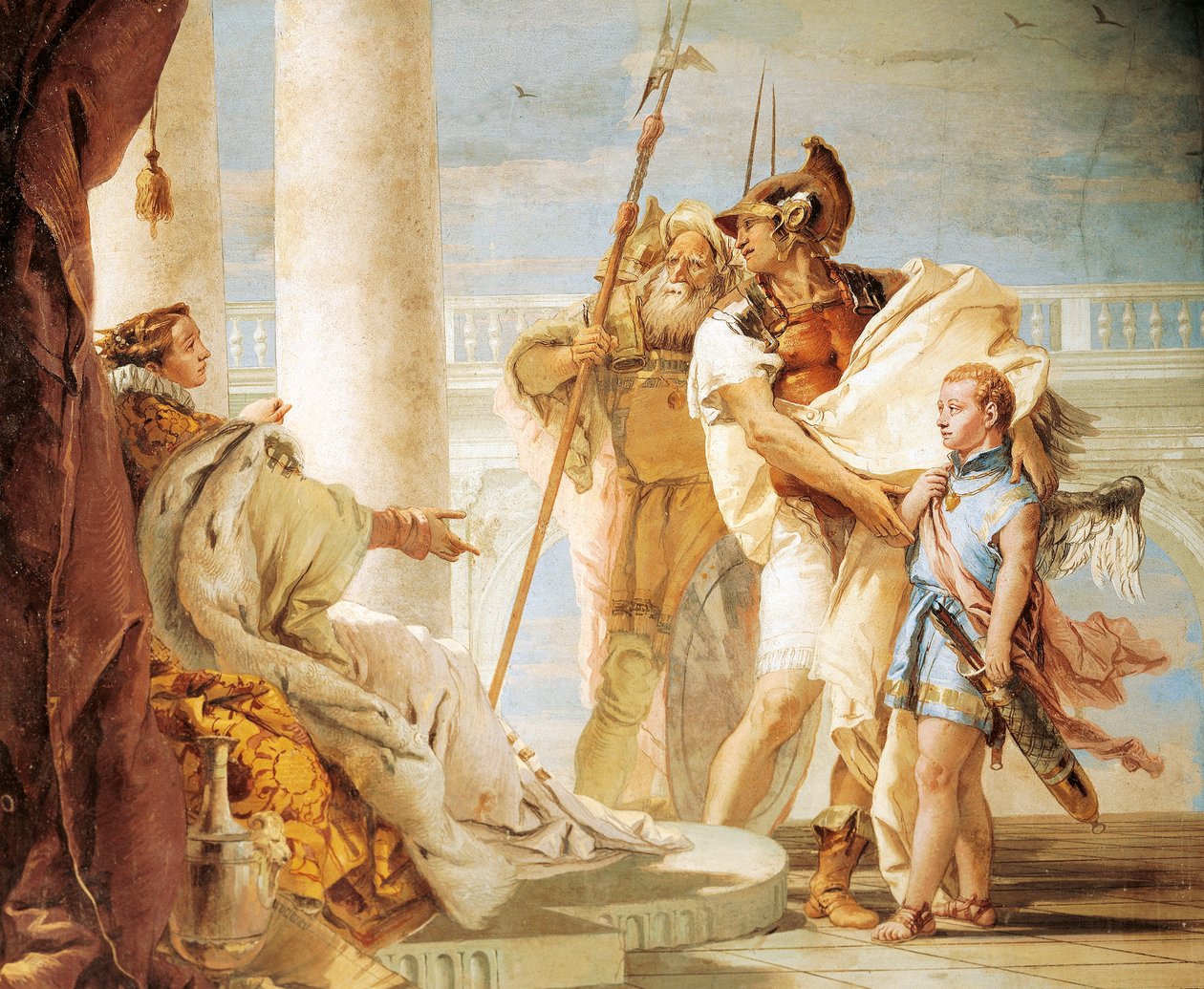 Aeneas bemutatja Didónak az Ascaniusnak öltözött Ámort, Giambattista Tiepolo (1696-1770), freskó, Az Aeneis szobája, Villa Valmarana 