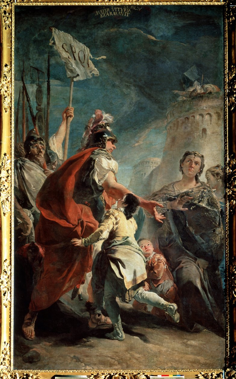 Coriolanus (Caius Marcius Coriolanus) Róma kapui előtt (Coriolanus Róma kapui előtt). Giambattista Tiepolo (1696-1770) festménye. Olaj, vászon, 387 x 224 cm, 1730 körül. Velencei iskola, olasz barokk művészet. Ermitázs Múzeum, St. P alkotó: Giovanni Battista Tiepolo