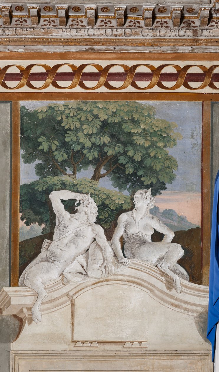 Vendégszálló, Vidéki jelenetek szobája: monokróm freskó egy szatírt és egy maenádot ábrázol alkotó: Giovanni Battista Tiepolo