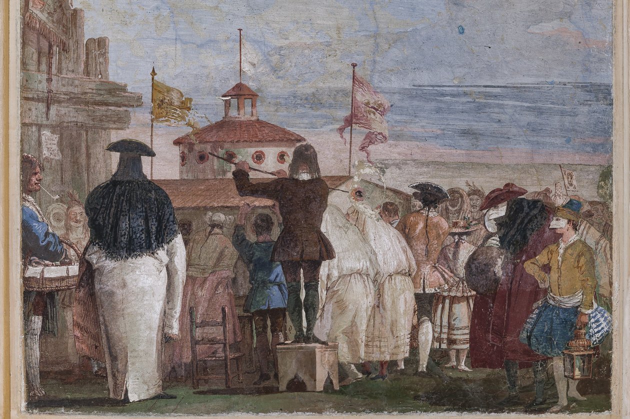 Vendégszálló, a karneváli jelenetek terme: "Új világ", egy jelenet olajfestményt imitáló maszkokkal alkotó: Giovanni Battista Tiepolo