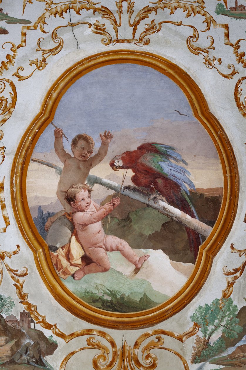 Vendégszálló, a Putti szobája, medál puttival: "Két putti és egy papagáj" alkotó: Giovanni Battista Tiepolo