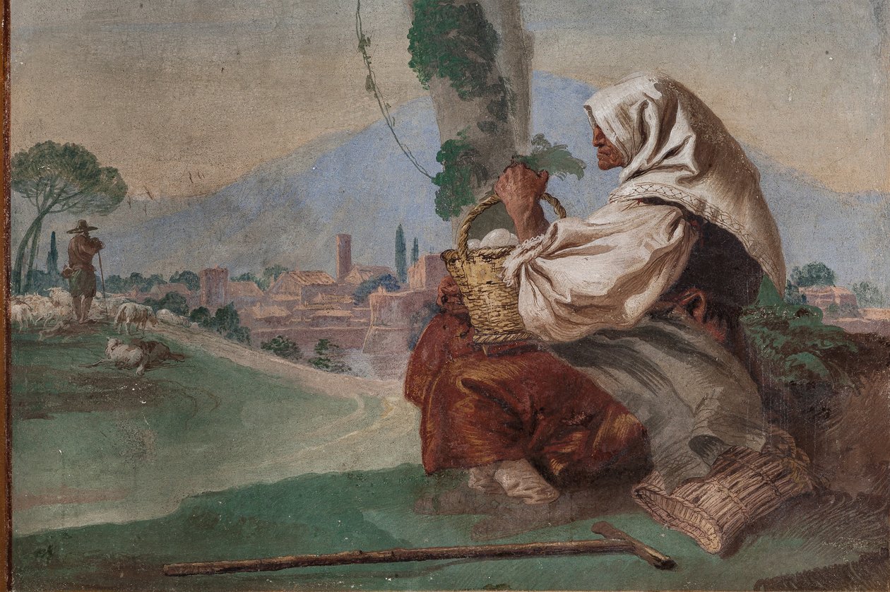Öreg parasztasszony egy kosár tojással, a „Foresteria”-ból (vendégház) alkotó: Giovanni Battista Tiepolo
