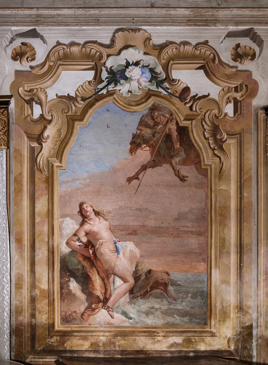 Palazzina (Kis épület): Ariosto második szobája vagy helyisége az "Orlando Furioso" epizódjait ábrázoló freskókkal: "Ruggiero megmenti Angelicát a tengeri szörnyetegből" alkotó: Giovanni Battista Tiepolo