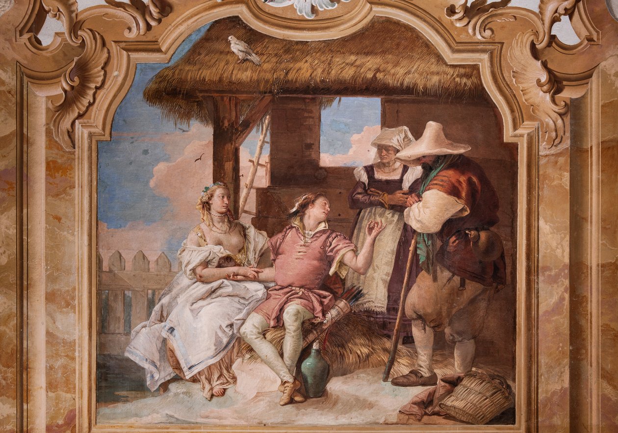 Palazzina (Kis épület): az Ariosto második szobája vagy szobája az "Orlando Furioso" epizódjait ábrázoló freskókkal: "Angelica és Medoro a pásztorok házában" alkotó: Giovanni Battista Tiepolo