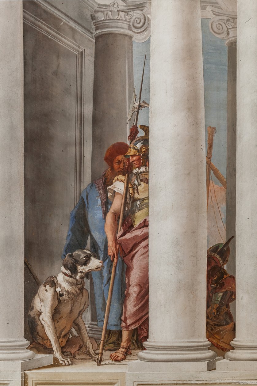 Palazzina (Kis épület), a bejárati csarnok: "A görög flotta Aulide-ban", részlet egy kutyát és egy katonát ábrázol alkotó: Giovanni Battista Tiepolo