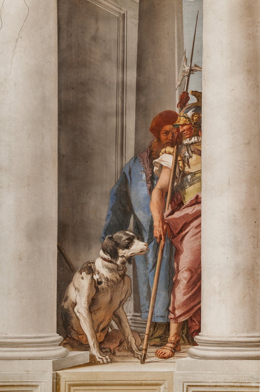 Palazzina (Kis épület), a bejárati csarnok: "A görög flotta Aulide-ban", egy kutyát és egy katonát ábrázoló részlet alkotó: Giovanni Battista Tiepolo