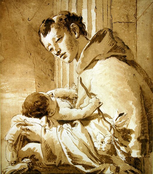 Szent Antal, aki a Krisztus gyermekét tartja (toll, barna tinta és mosás) alkotó: Giovanni Battista Tiepolo