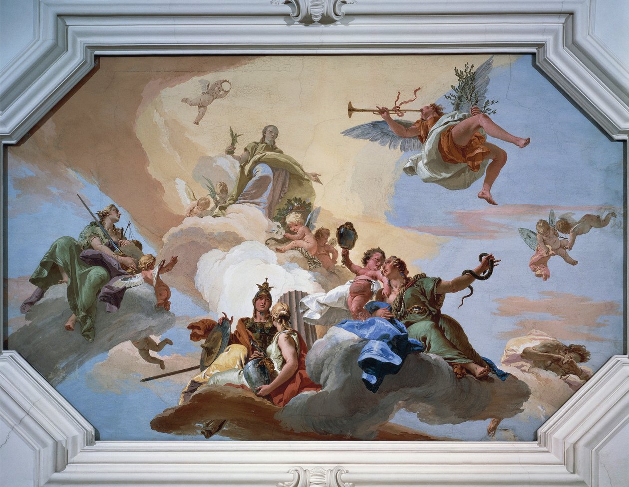 A dicsőség diadalát a bíborosi erények között álló Fame hirdette meg alkotó: Giovanni Battista Tiepolo