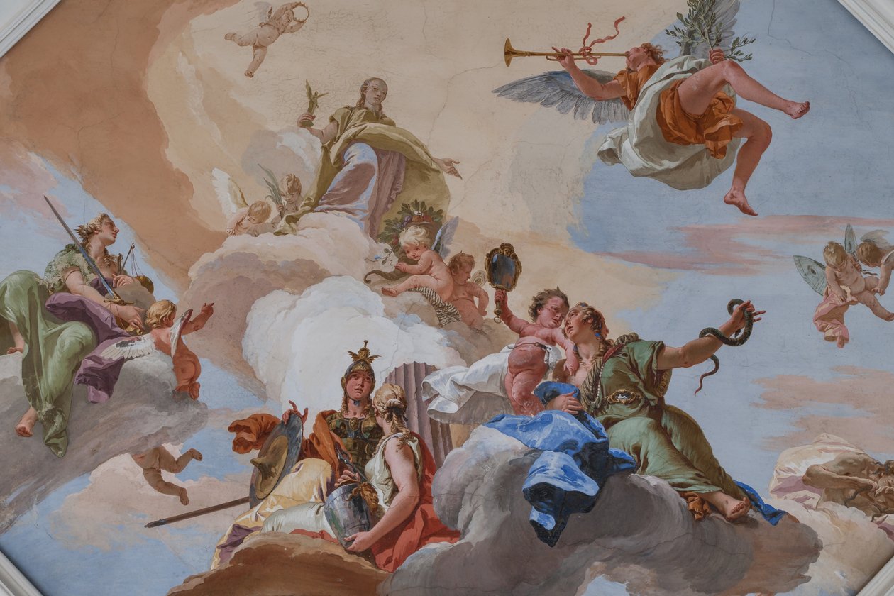 A dicsőség diadalát a bíborosi erények között álló Fame hirdette meg alkotó: Giovanni Battista Tiepolo