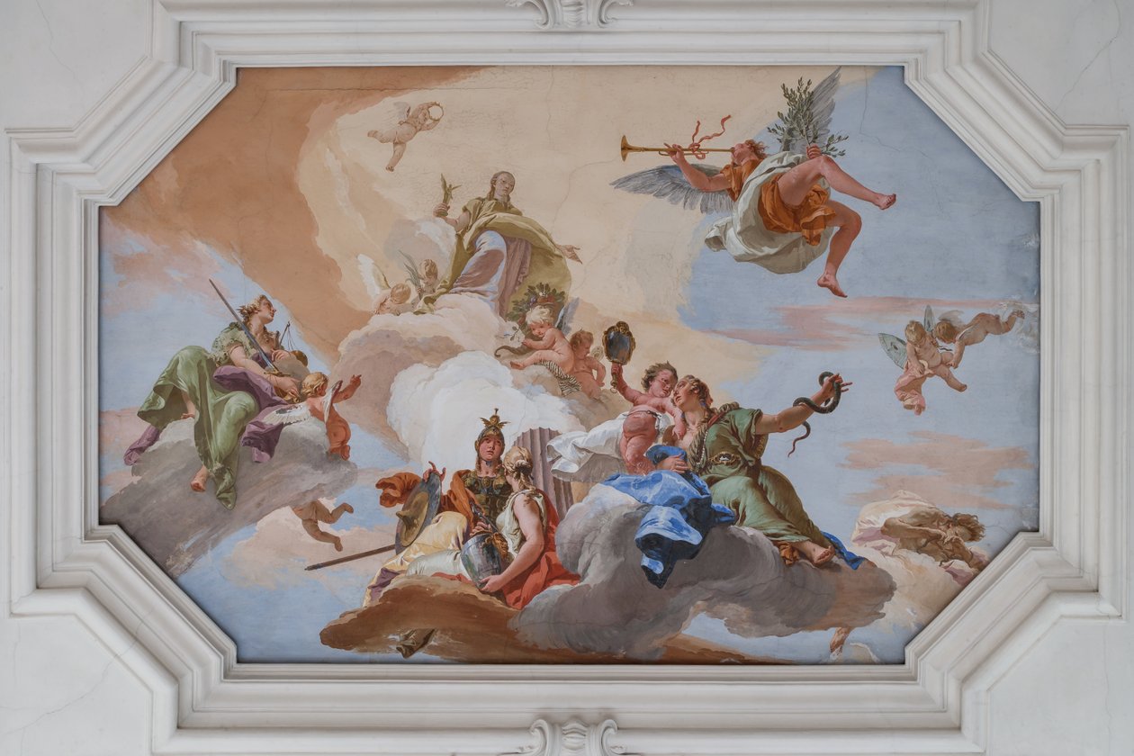 A dicsőség diadalát a bíborosi erények között álló Fame hirdette meg alkotó: Giovanni Battista Tiepolo
