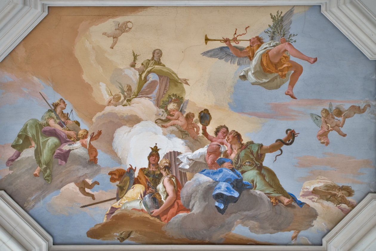 A dicsőség diadalát a bíborosi erények között álló Fame hirdette meg alkotó: Giovanni Battista Tiepolo