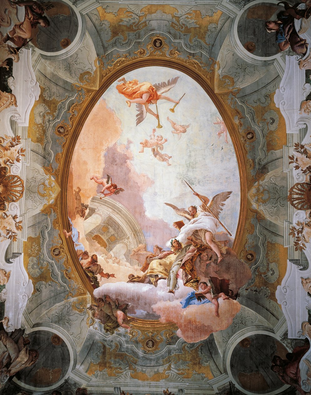 Az érdem allegóriája nemesség és erény kíséretében, Giambattista Tiepolo (1696-1770). A Trónterem mennyezete, Ca 