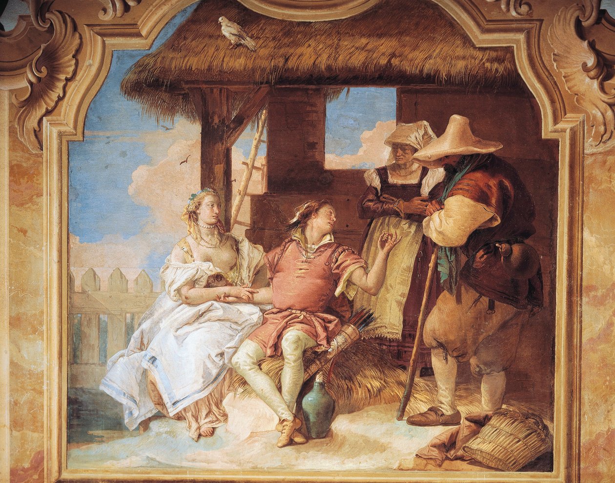 Angelica és Medoro búcsút vesz a parasztoktól – Giambattista Tiepolo az orlandói őrület Nani szobájából a Villa Valmarana freskójában alkotó: Giovanni Battista Tiepolo