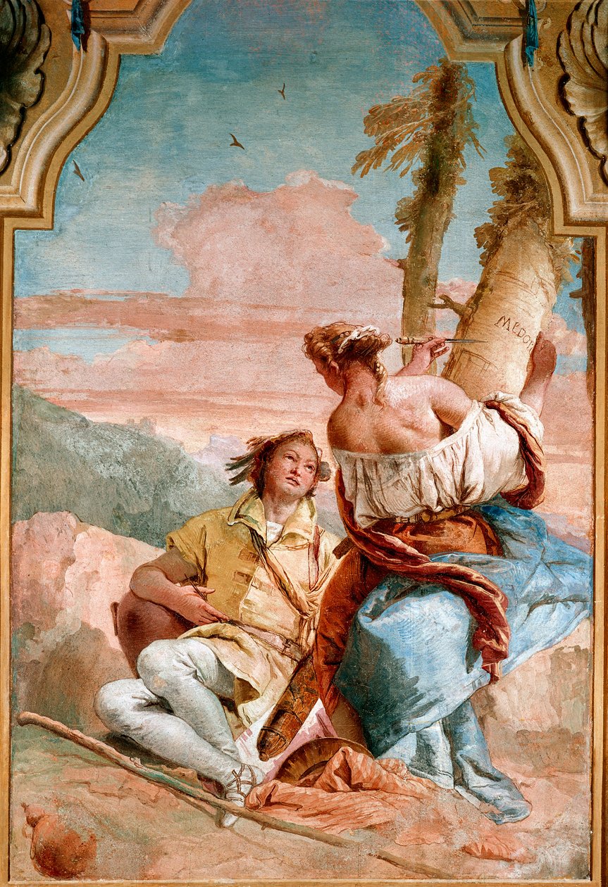 Angelique et Medor - Illusztráció a „Dühös Roland”-hoz (Orlando Furioso), Ludovic Arioste (Ariosto) Angelicát (Angelica) képviselő Medor (Medoro), akivel most csatlakozott, nevét felírva egy fatörzsre - Freskó by Giambattista Tiepo alkotó: Giovanni Battista Tiepolo