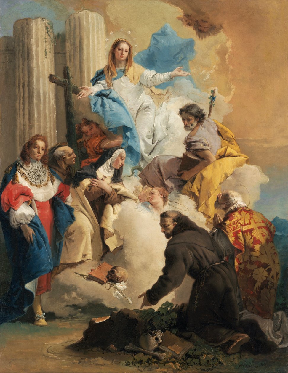 La Vierge avec hat szent – A Szűz hat szenttel, Tiepolo, Giambattista (1696-1770). Olaj, vászon, c. 1750. Mérete : 72,8x56 cm. Szepmuveszeti Múzeum, Budapest alkotó: Giovanni Battista Tiepolo