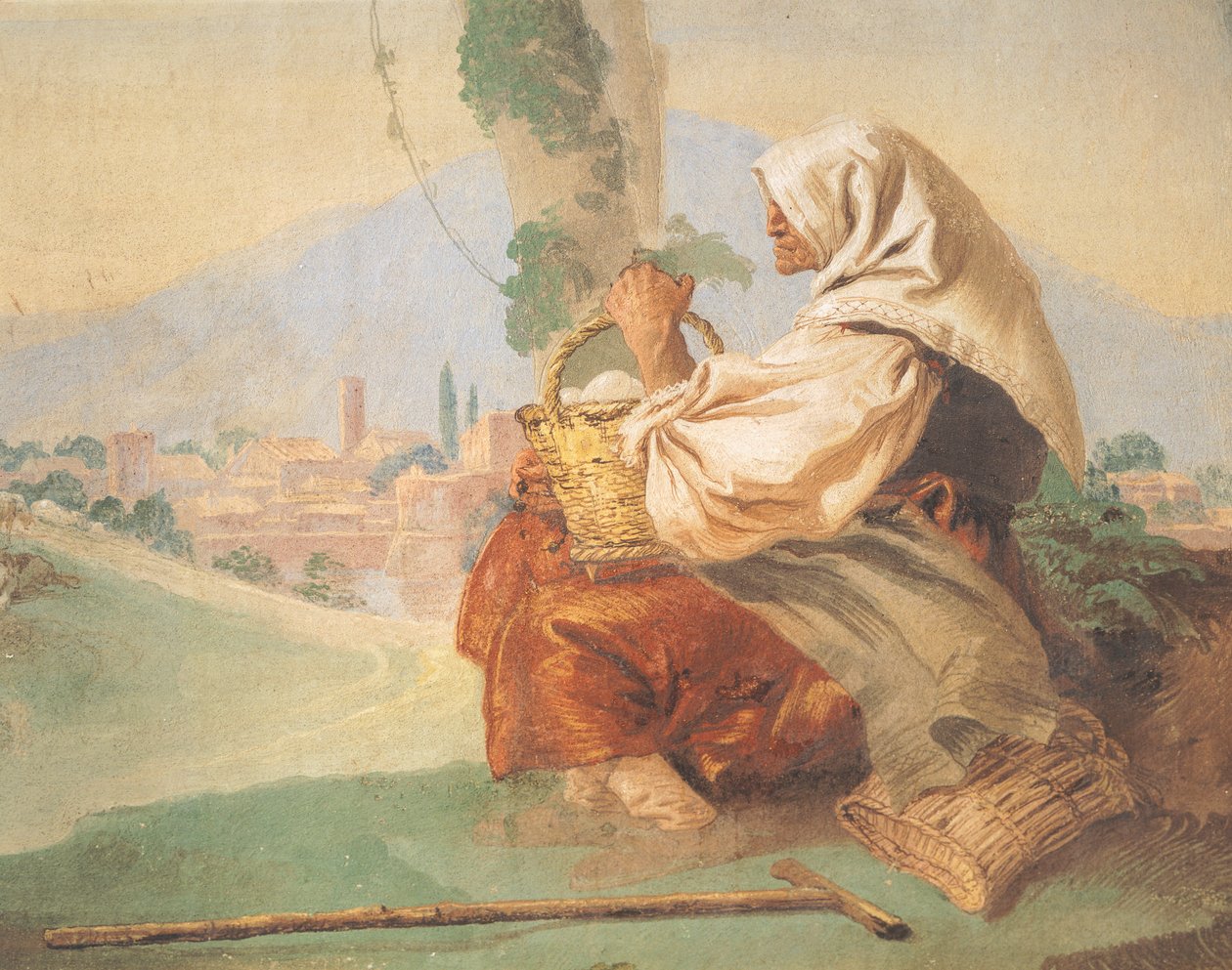 A tájban a paraszt Egy öregember ül, fejét egy véres ember takarja, aki elrejti az arcát alkotó: Giovanni Battista Tiepolo