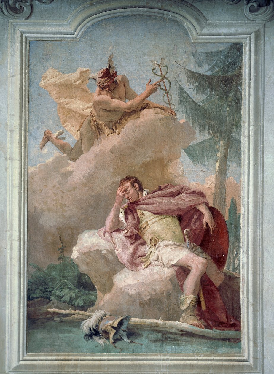 Higany megjelenik Aeneasnak álmában, hogy utasítsa, hogy menjen Karthágóba, Giambattista Tiepolo (1696-1770), Az Aeneis szobája, Villa Valmarana 