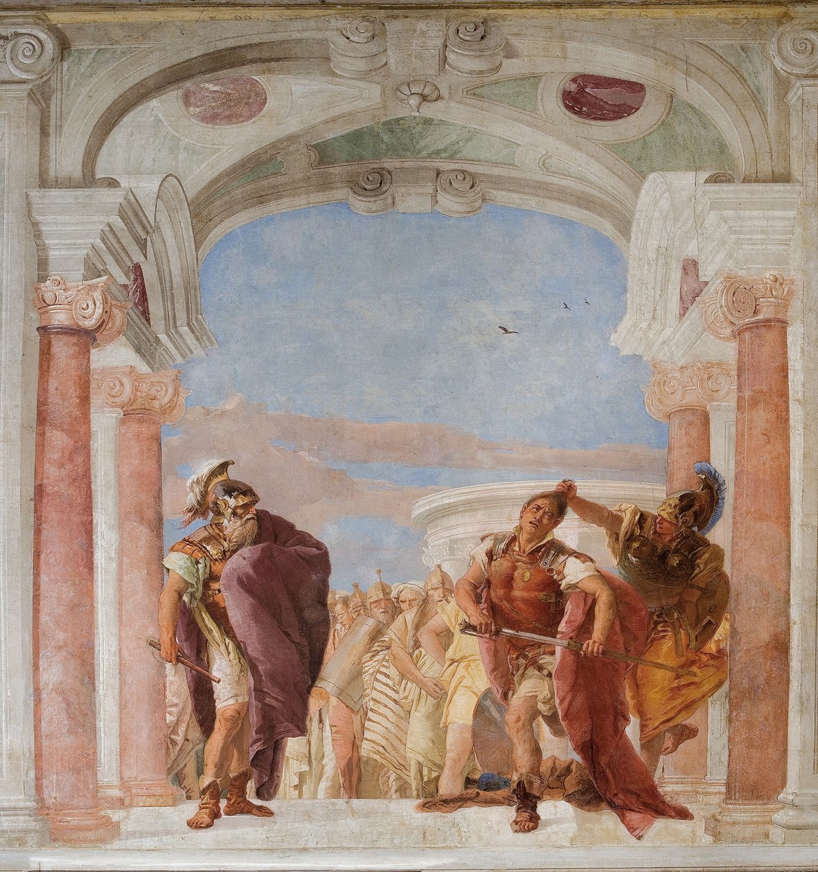 Minerva visszatartja Achilleust Agamemnon megölésétől, az Iliász szobájából a Palazzinában alkotó: Giovanni Battista Tiepolo