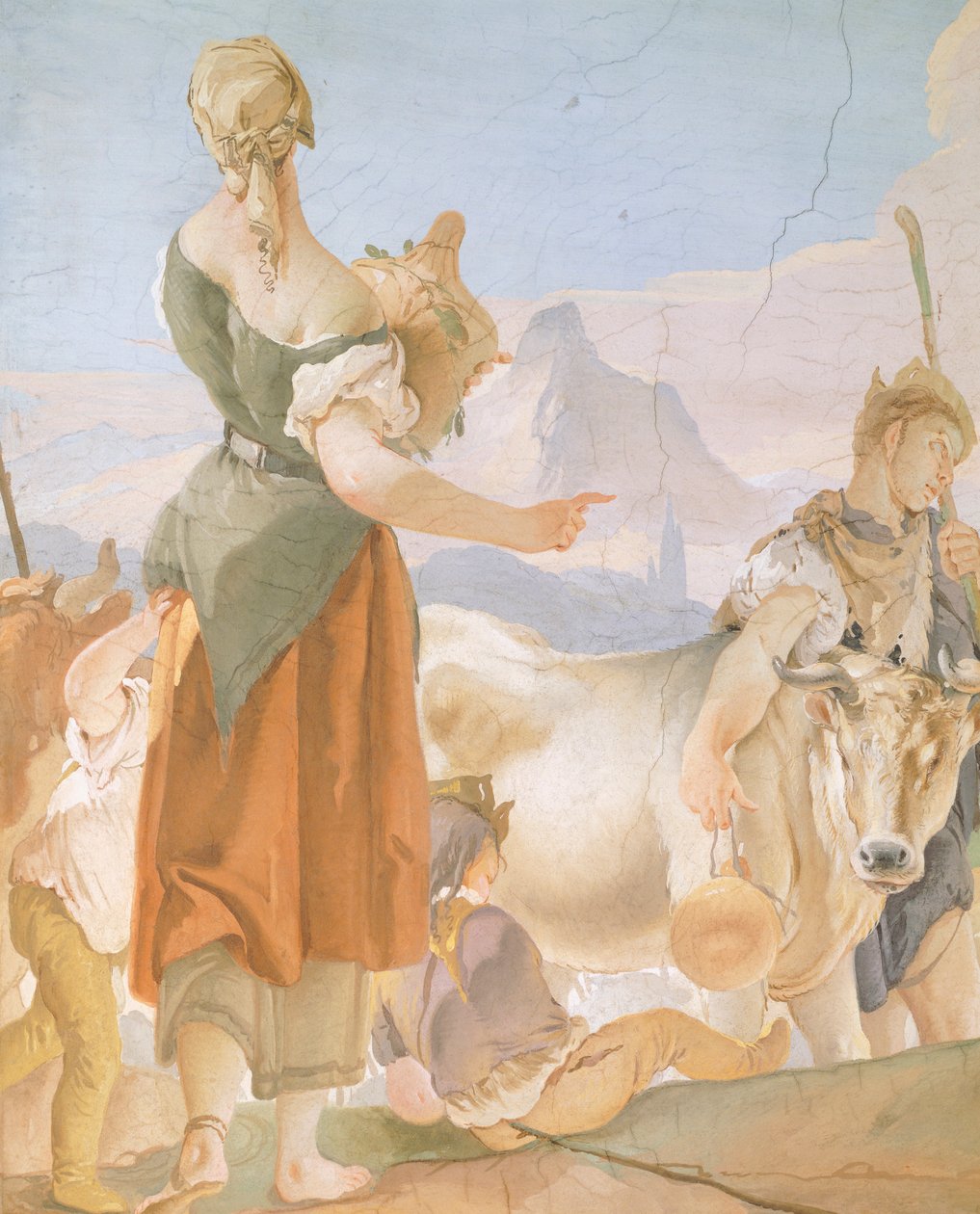 Ráhel bálványokat rejteget, készítette: Giambattista Tiepolo (1696-1770), freskó, részlet, az udine-i érseki palota alkotó: Giovanni Battista Tiepolo