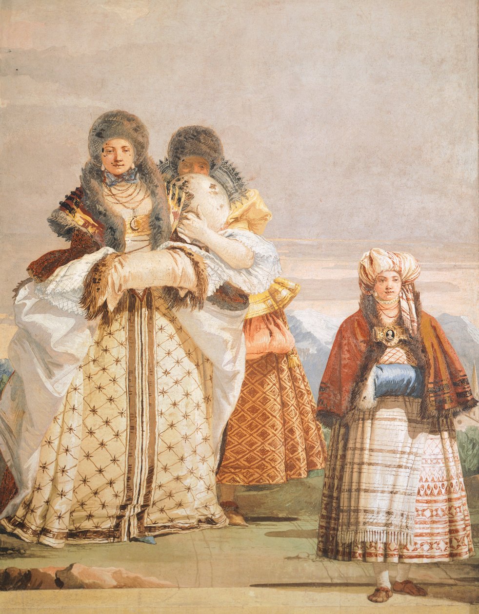 Téli séta, Giambattista Tiepolo (1696-1770), freskó, részlet, A gótikus szoba, Villa Valmarana ai Nani vendégnegyede, Vicenza, Olaszország alkotó: Giovanni Battista Tiepolo