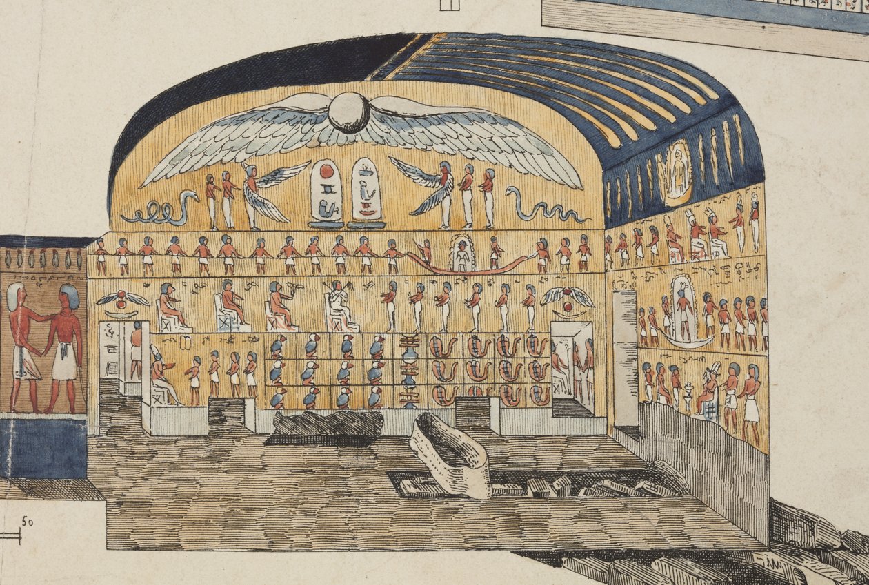 Pszammuthisz thébai sírjának egy része, amelyet Belzoni fedezett fel és nyitott meg 1818-ban (kézzel színezett litó) alkotó: Giovanni Battista (after) Belzoni