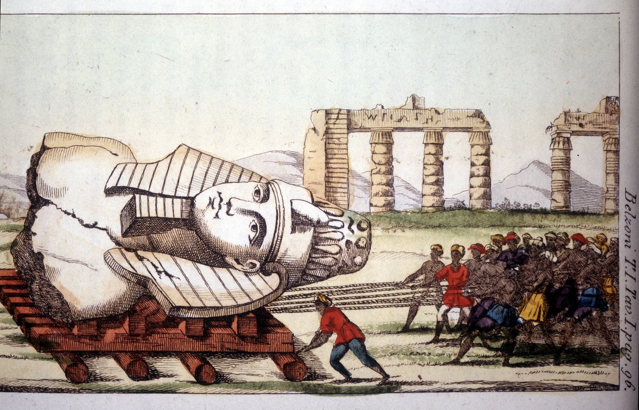 Memnon mellszobrának elszállítása a Nílus partján Belzoni által. Giovanni Battista (Gianbattista) Belzoni (1778-1823), olasz felfedező és régész fontos régészeti felfedezéseket tett Egyiptomban. Gravírozás - „” Viaggio in Egitto e alkotó: Giovanni Battista (after) Belzoni