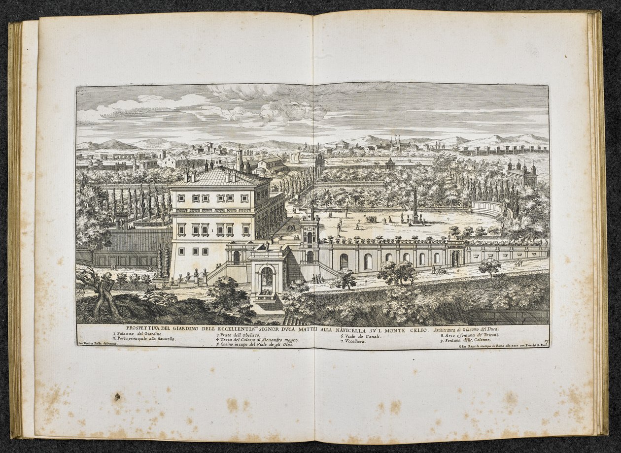 "A Giardino dell excellentis Signor Duca Mattei alla Navicella perspektívája a római Monte Celio-n" alkotó: Giovanni Battista (after) Falda