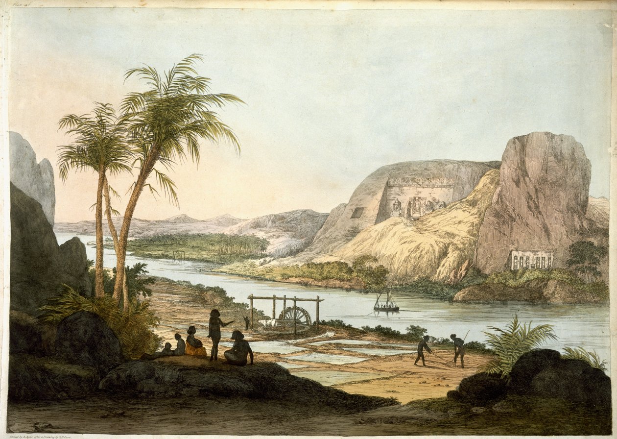 Az Abu Simbel két templomának külső képe, az egyiptomi és núbiai kutatókat bemutató lemezekről, 1822-ben alkotó: Giovanni Battista Belzoni