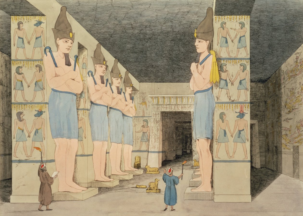 Giovanni Belzoni által felfedezett Ybsombul-i (Núbia) templom belsejének képe, Augustine Aglio (1777-1857) 48-as táblája az Egyiptomban és Núbiában végzett kutatásokat szemléltető táblákról, alkotó: Giovanni Battista Belzoni