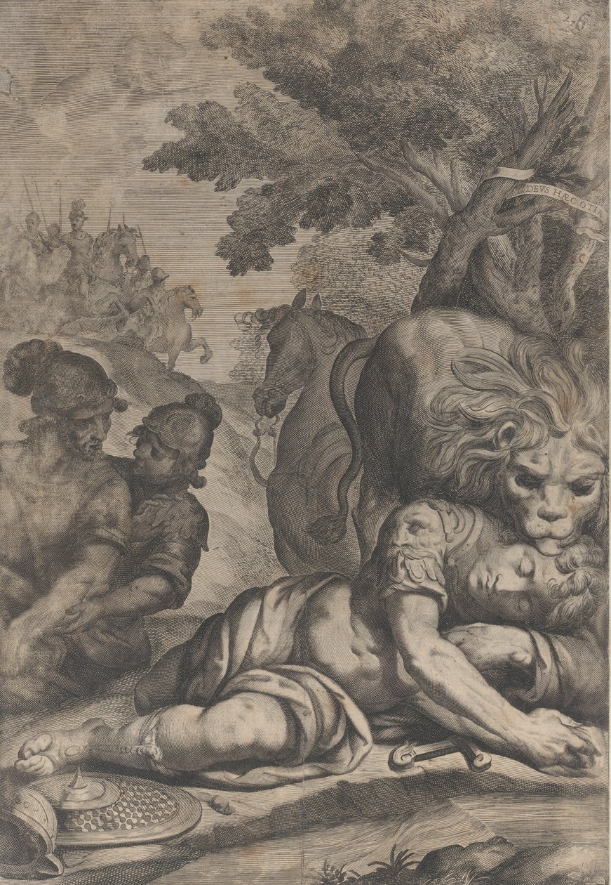 Egy oroszlán egy elesett lovas tetején jobbra, két másik katonával a bal oldalon, 1640-70. alkotó: Giovanni Battista Bonacina